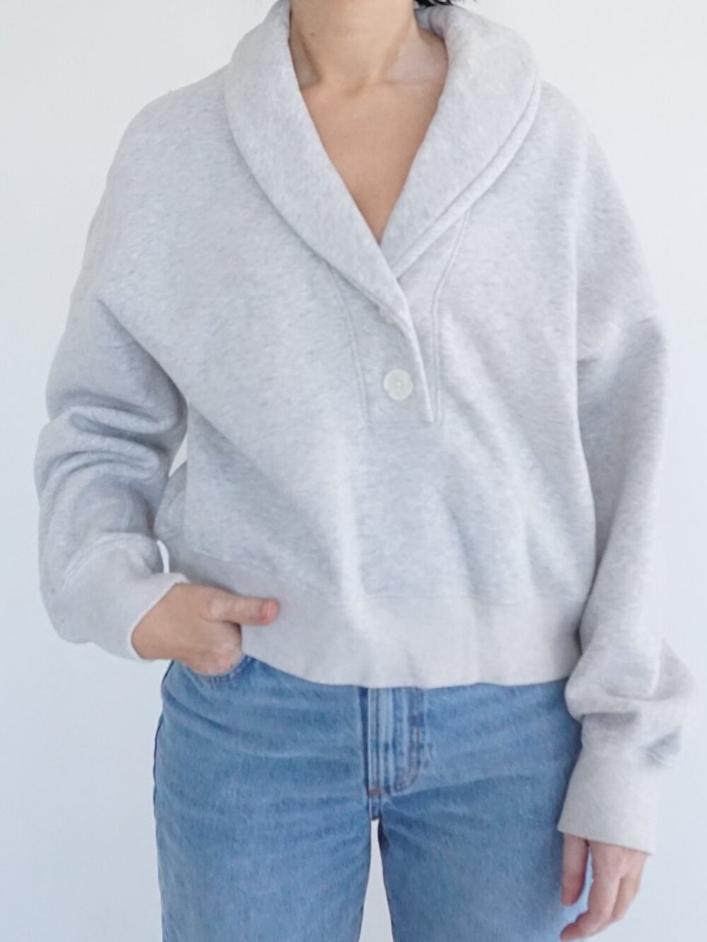 Abercrombie Fitch Grey Shawl Collar Button Front Sweatshirt Fleece Pullover M